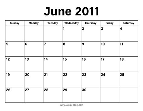 Calendar Of June 2011